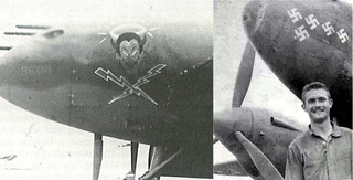 A la izquierda, “nose art” del “Bad Angel” original, un P-38G en el que Louis Curdes obtuvo la mayoría de sus victorias. A la derecha, Louis E. Curdes frente a su avión poco tiempo antes de ser derribado en Italia